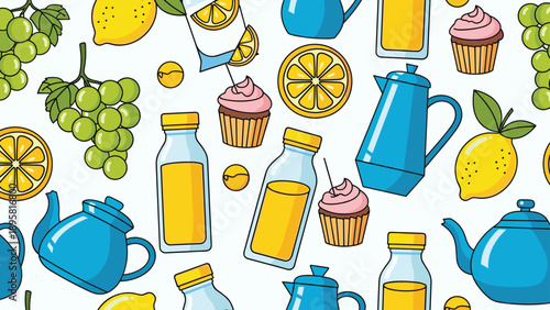 Seamless pattern features a variety of items like juice bottles, tea pots, lemons, grapes, and cupcakes in a fun style.