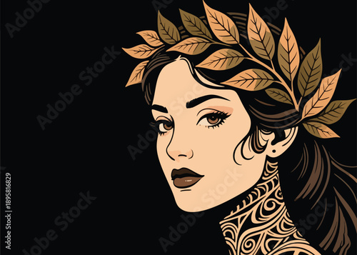 Beautiful Queen of Leaf Crown Illustrator Artwork Creative Design Template 