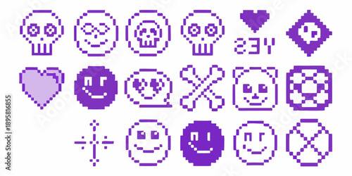 Pixelated purple icons depicting skulls hearts faces and other symbols