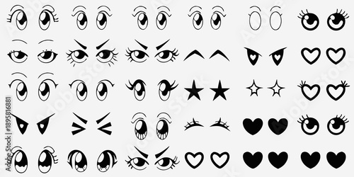 Collection of various cartoon eyes hearts and stars in black and white