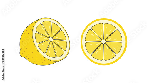 Two lemon slices including a half lemon and a full round slice are shown to represent fresh citrus fruit and zest.