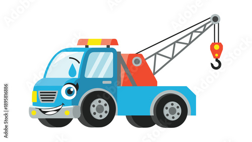 Friendly blue tow truck with a cartoon face and a crane hook is designed as a character for children and storytelling.
