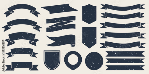 Collection of dark blue and gray decorative ribbon and banner shapes