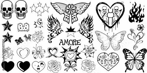 A collection of black and white tattoo flash designs featuring skulls hearts and nature