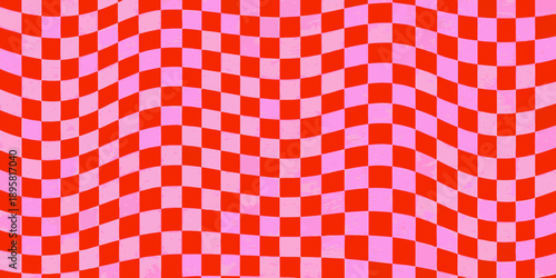 Wavy checkerboard pattern with alternating pink and red squares