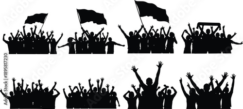 Cheering crowd silhouette vector set, people celebration with flags, concert sport fans, victory festival scene, black shadow characters, excitement illustration
