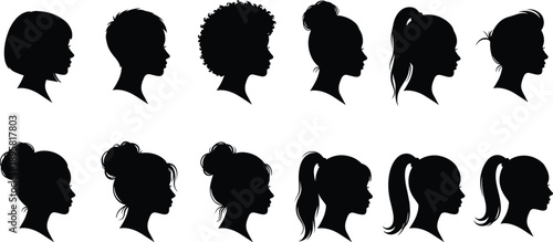 Female profile silhouette vector set, women head side view, hairstyle variety icons, black shadow portraits, beauty fashion design, avatar character collectio