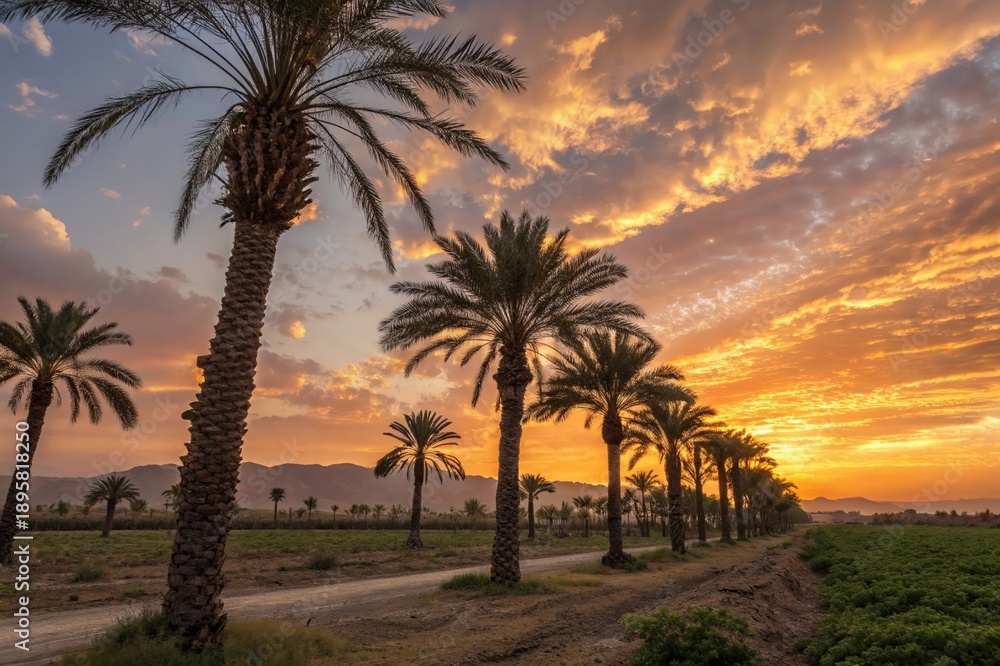 Obraz premium A beautiful sunset over a palm tree filled landscape