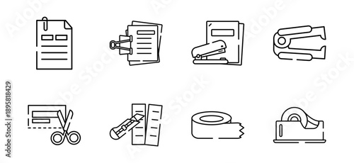 Outline office icons set. Workspace stationery collection