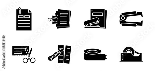 Solid office icons set. Workspace stationery collection