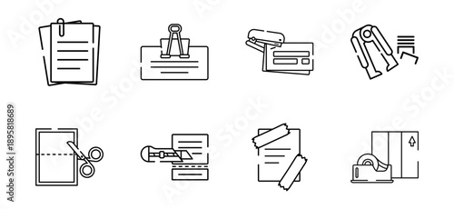 Simple line office icons set. Workspace stationery tools