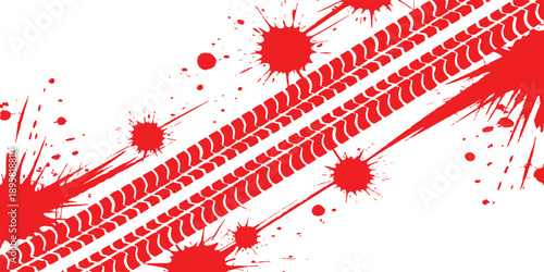 Red tire track mark with grunge effect on white background. 