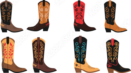 Decorative Cowboy Boots Illustration Set with Ornamental Embroidery Designs Isolated on White Background