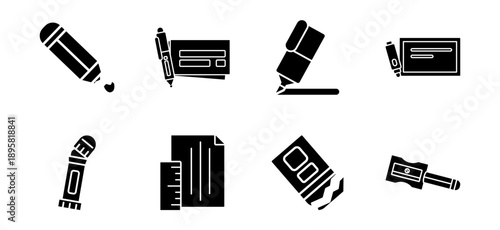 Black solid office icons pack. Stationery and writing tools collection