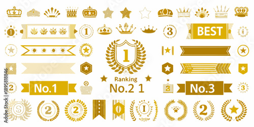 Collection of golden award ribbons stars and ranking badges in a design set