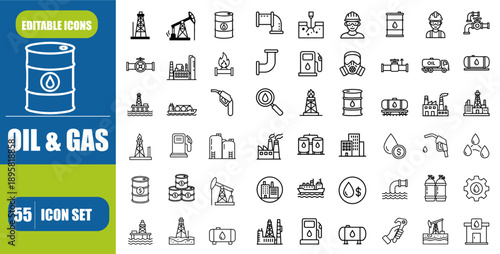 Oil & Gas Line Icon Set – Fuel, Refinery, Oil Well, Gas Pump and Petroleum Editable Stroke Vector Illustration
