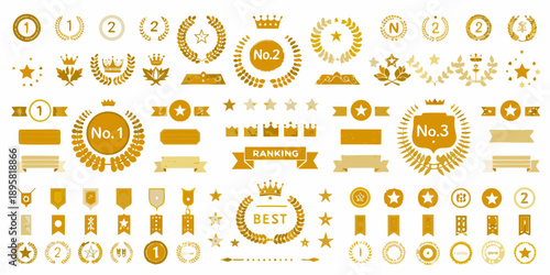 Collection of golden badges ribbons and award symbols for ranking and recognition