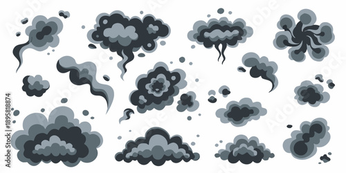 A collection of cartoon smoke and cloud puffs in varying shapes