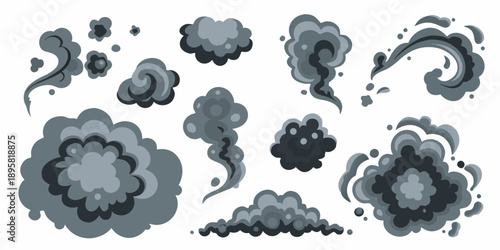 Collection of various gray smoke puffs and cloud shapes illustrated design