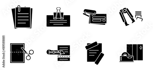 Filled office icons pack. Workspace stationery collection