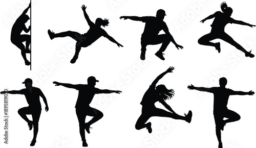 Parkour jumping people silhouette vector set, urban freerun action poses, dynamic street sport movement, black shadow characters, extreme fitness illustration