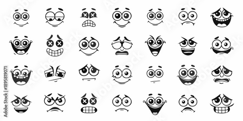 Collection of various black and white cartoon face expressions and emotions
