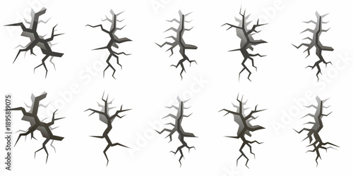 Assorted crack patterns and fracture designs on a white background illustration