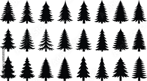 Pine tree silhouette vector set, evergreen forest icons, black fir shapes, nature clipart collection, winter woodland design, outdoor landscape el