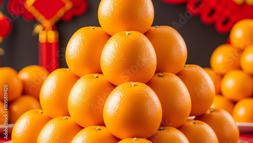 Pyramid stack of fresh ripe oranges for chinese new year offering on red background