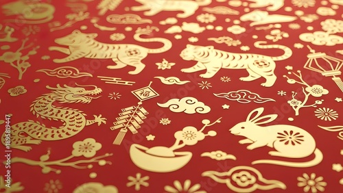 Traditional chinese lunar new year pattern with golden zodiac animals on red background
