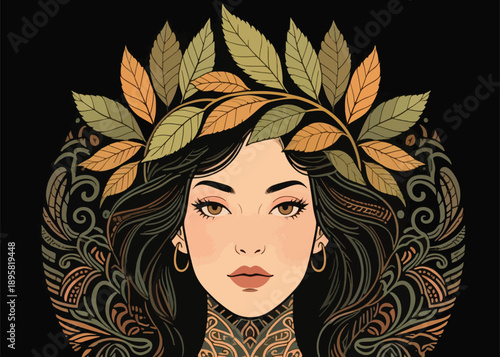Beautiful Woman Face with Leaf Crown Illustrator Artwork Creative Design Template 