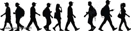Walking people silhouette vector set, travelers with backpacks, urban commute pedestrians, black shadow figures, lifestyle movement, modern travel illustration
