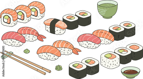 Sushi Illustration Set with Nigiri Maki Rolls Chopsticks and Tea Isolated on White Background