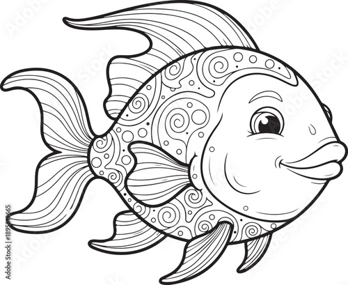 Whimsical cartoon fish with decorative patterns and friendly expression, fun illustration , Generative Ai
