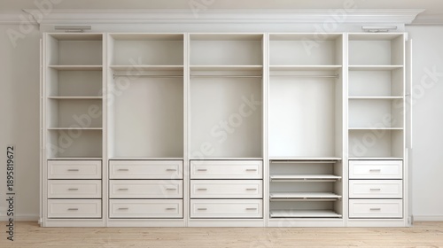 Modern Open Wardrobe with White Shelves and Drawers in Bright Room Designed for Organization and Aesthetic Appeal