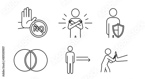 Personal Boundaries, Consent, and Self-Protection Line Icons on Isolated White Background