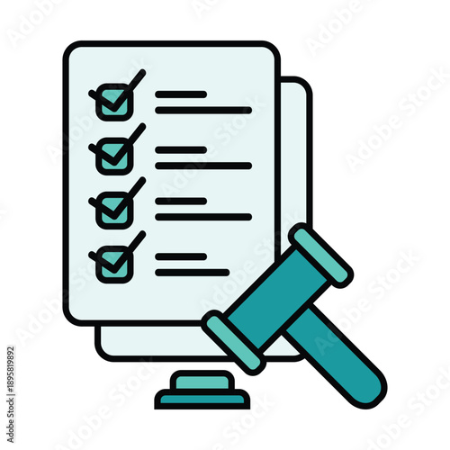 Corporate Legal Data Compliance Management Checklist & Hammer Illustration icon