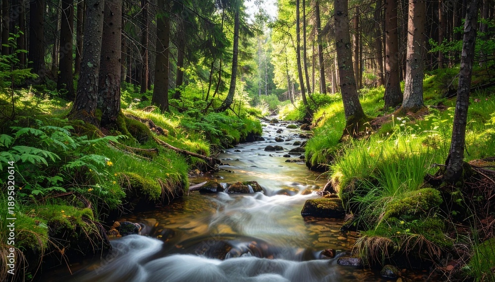 Fototapeta premium Serene forest river flowing through lush green mossy woods with sunlight rays