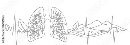 Healthy lungs with leaves and heartbeat line