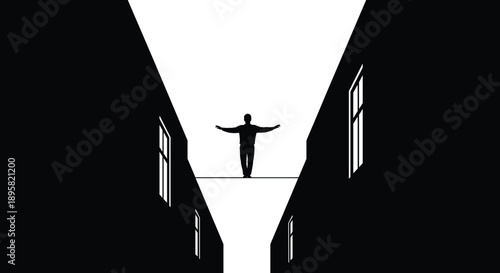 Man balancing on tightrope between buildings silhouette, risk challenge courage concept isolated on white background minimal vector illustration design art