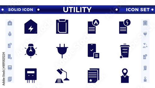Public utilities web icons in solid style. Rent receipt, electricity, water, gas, garage, heating, Water, Fuel, Electricity, Solar House, Maintenance collection.