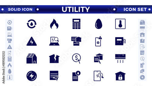 Public utilities web icons in solid style. Rent receipt, electricity, water, gas, garage, heating, Water, Fuel, Electricity, Solar House, Maintenance collection.
