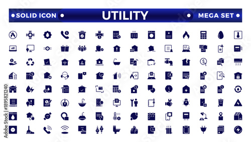 Public utilities web icons in solid style. Rent receipt, electricity, water, gas, garage, heating, Water, Fuel, Electricity, Solar House, Maintenance collection.