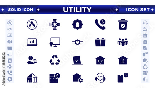 Public utilities web icons in solid style. Rent receipt, electricity, water, gas, garage, heating, Water, Fuel, Electricity, Solar House, Maintenance collection.