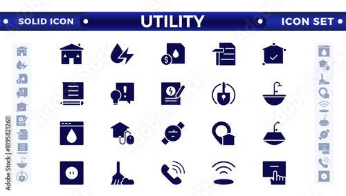 Public utilities web icons in solid style. Rent receipt, electricity, water, gas, garage, heating, Water, Fuel, Electricity, Solar House, Maintenance collection.