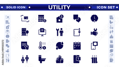 Public utilities web icons in solid style. Rent receipt, electricity, water, gas, garage, heating, Water, Fuel, Electricity, Solar House, Maintenance collection.