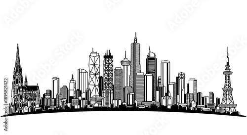 Modern city skyline silhouette with skyscrapers and cathedral architecture, design for real estate websites, urban development presentations and travel agency brochures. Transparent SVG version.