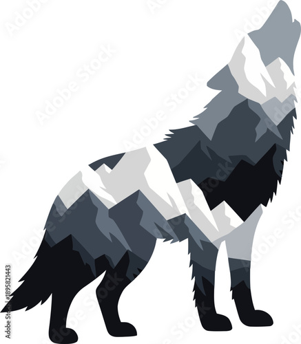 Wolf silhouette with snowy mountain landscape double exposure.
