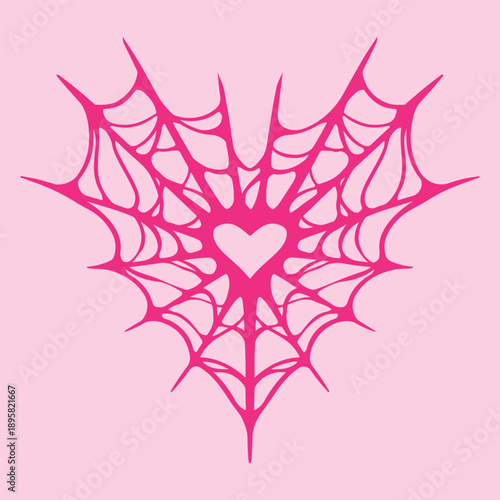 Pink spider web with heart shape on pink background. Vector illustration.