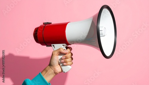 Hand holding red and white megaphone against pink background